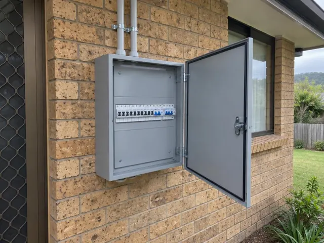 Exterior switchboard cabinet on a brick house wall with door open in Oxenford